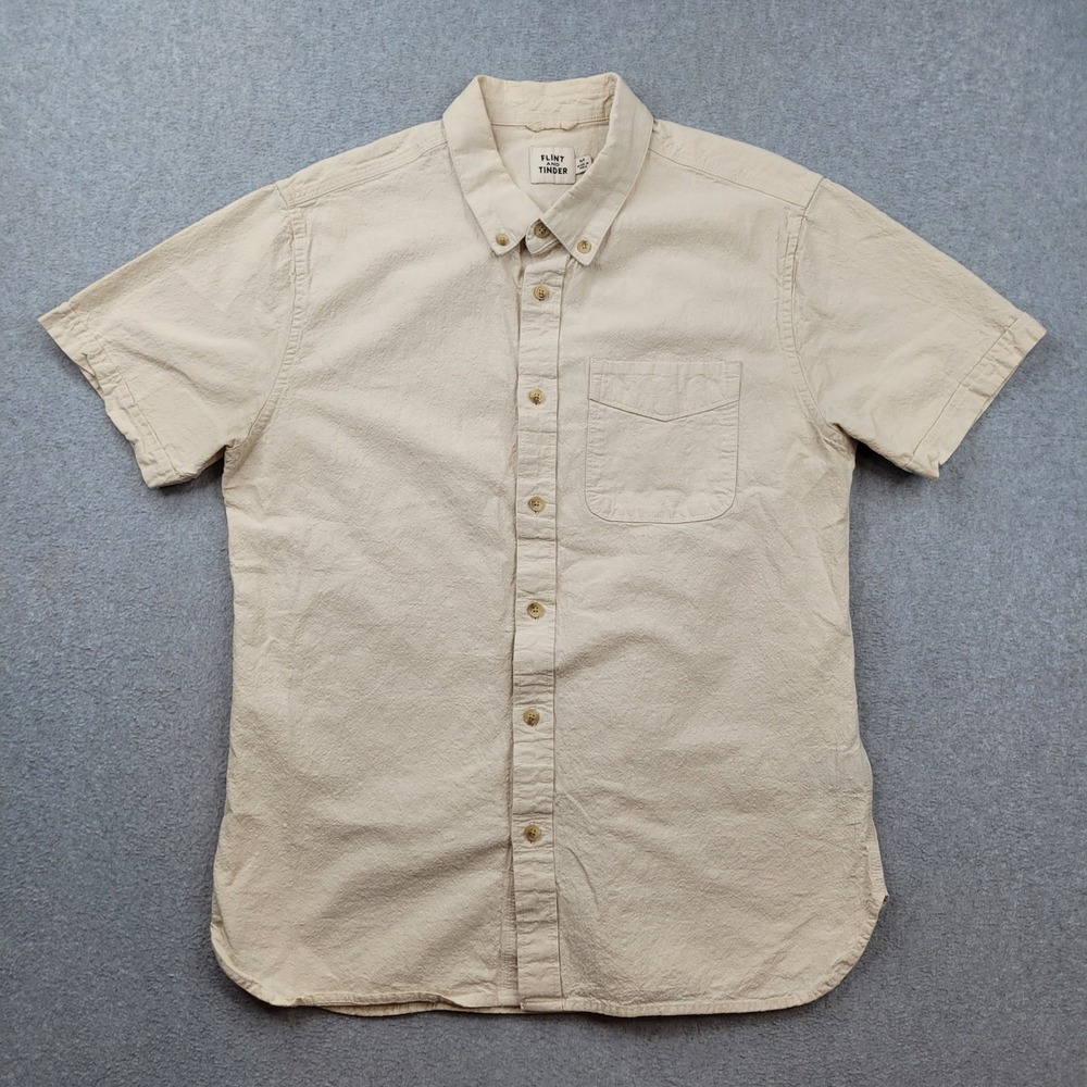 Flint Tinder Linen Blend Shirt Mens Medium Beige Short Sleeve Button Down